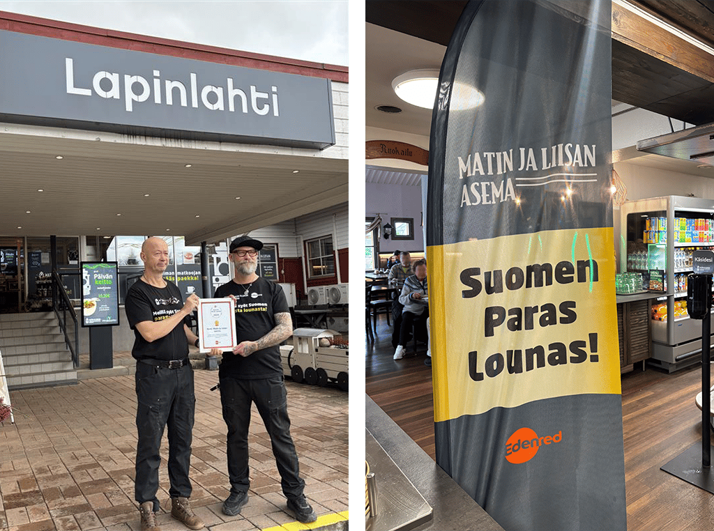 Ravintoloitsijat poseeraamassa liikenneasemalla Lapinlahdella ja Suomen Paras Lounas -lippu