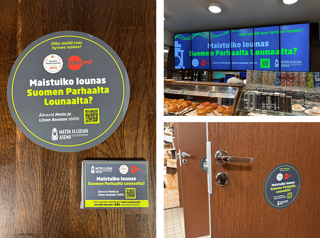 Kollaasi erilaisista Suomen Paras Lounas -mainoksista ravintolan tiloissa