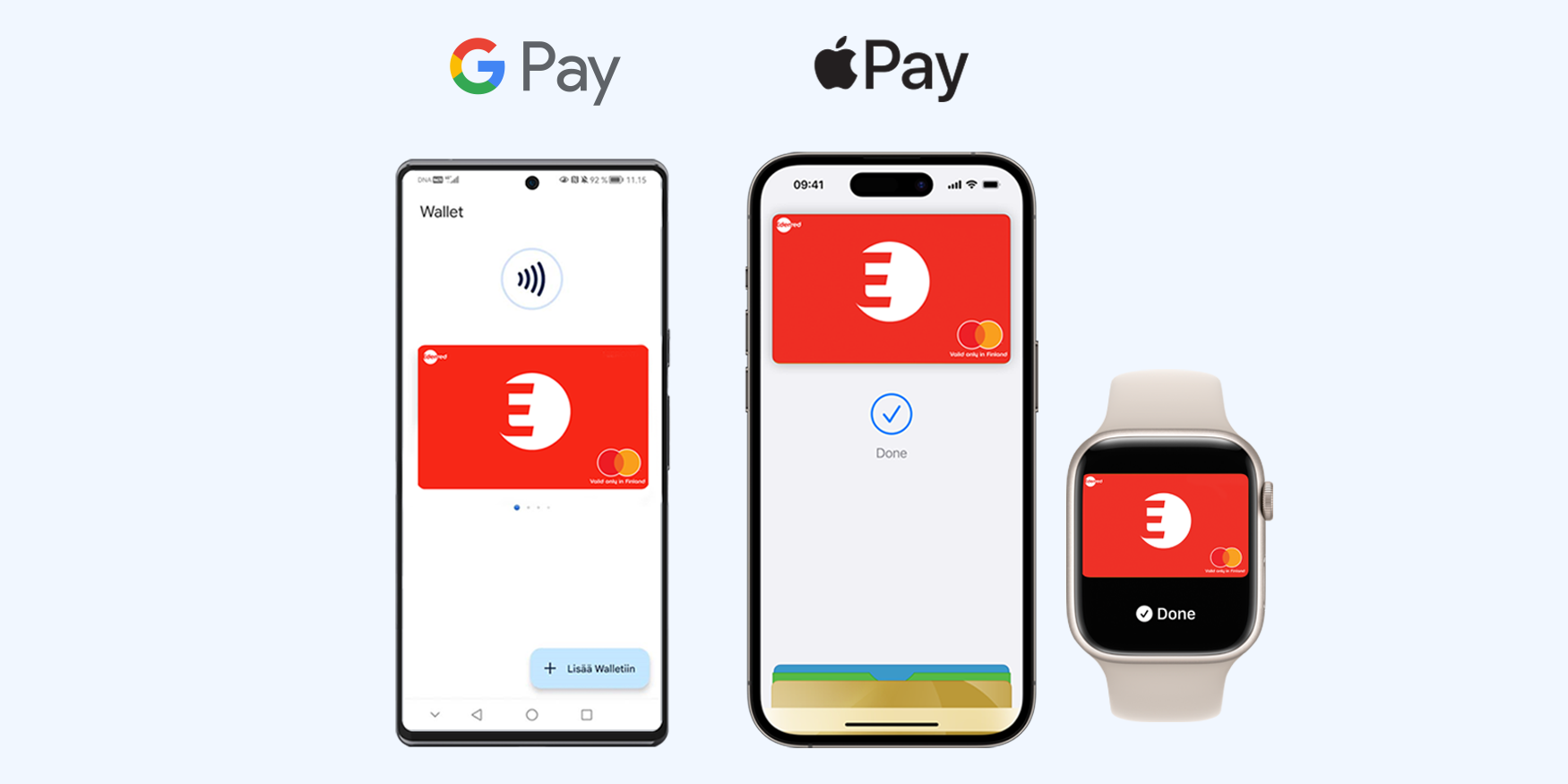 Edenred-edut ovat saatavilla Google Paylle ja Apple Paylle, kuva Pixel-puhelimesta, iPhonesta ja Apple Watchista