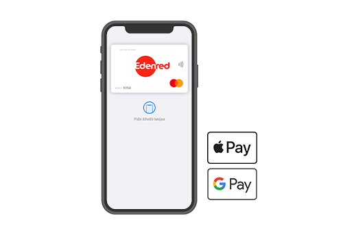 Edenred-kortti puhelimessa ja Apple Pay sekä Google Pay logot
