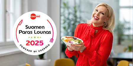Blonde woman smiling with a fresh salad in hand, Best Lunch logo on the left