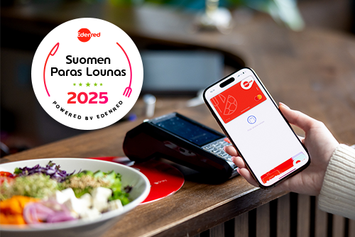Puhelimella tehtävä lähimaksu Suomen Paras Lounas -logolla ja raikkaalla salaatilla