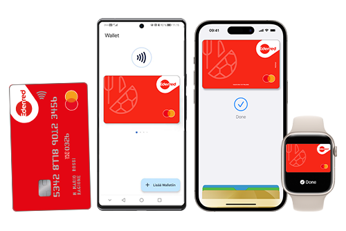 Edenred fyysinen maksukortti sekä Apple Pay, Google Pay ja Apple Watch, joissa esillä Edenredin punainen maksukortti