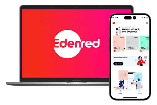 Edenred logo on a laptop screen and phone with the mobile application open